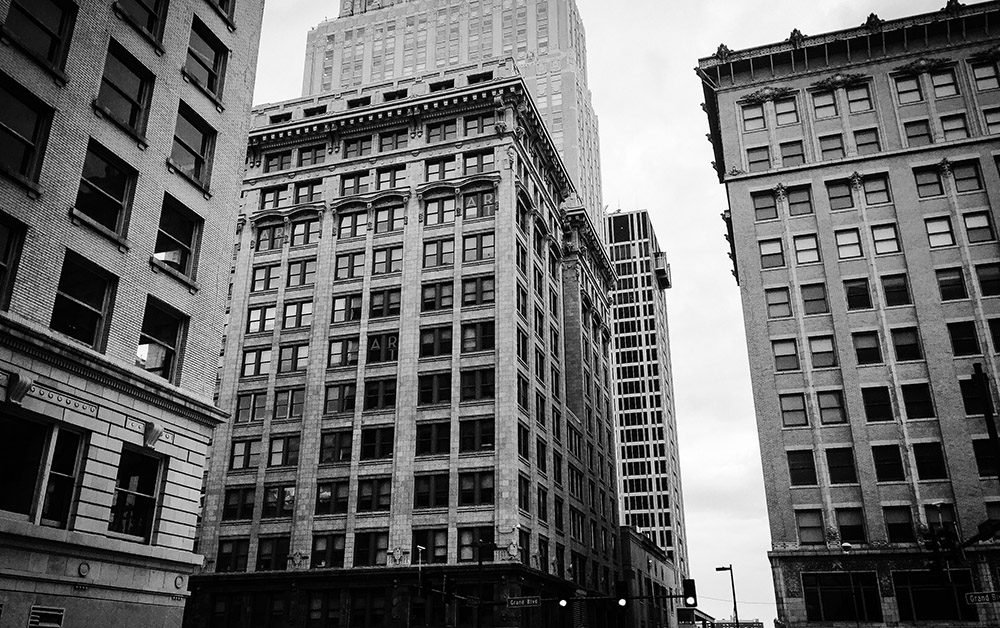 Black and white image of downtown buildings