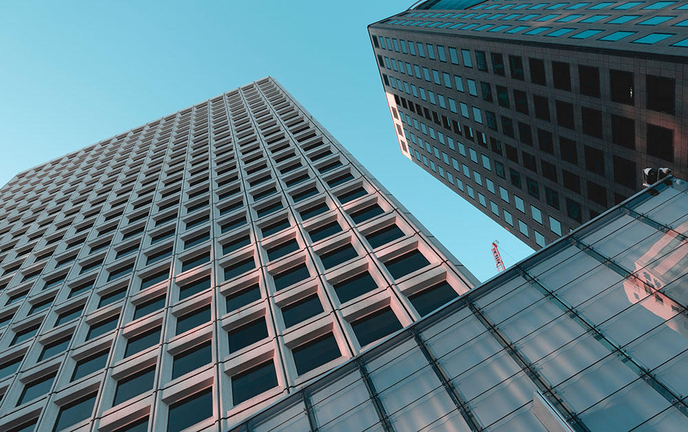 Looking up at an office building